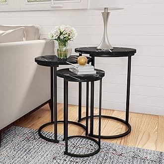 Nesting Tables - Set of 3 Round Side Tables for Living Room, Bedroom, or Home Office - Faux Marble End Table Set - Modern Living Room Furniture (Black)
