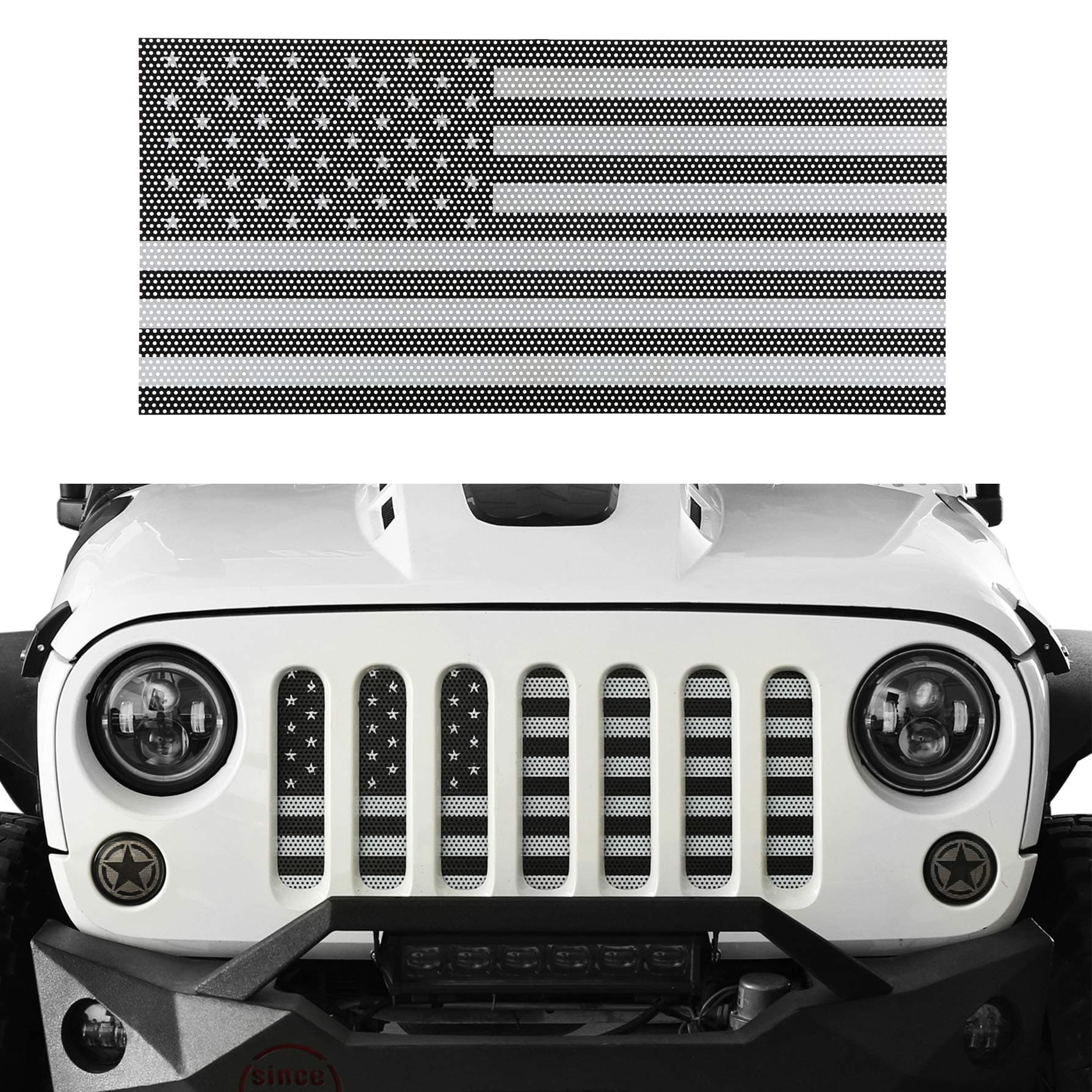Wrangler Grille Insert Flag Mesh Grill Overlay Bug Screen for Jeep Wrangler 2007-2018 JK & Unlimited - Black and White Rubicon Sahara Sport JKU