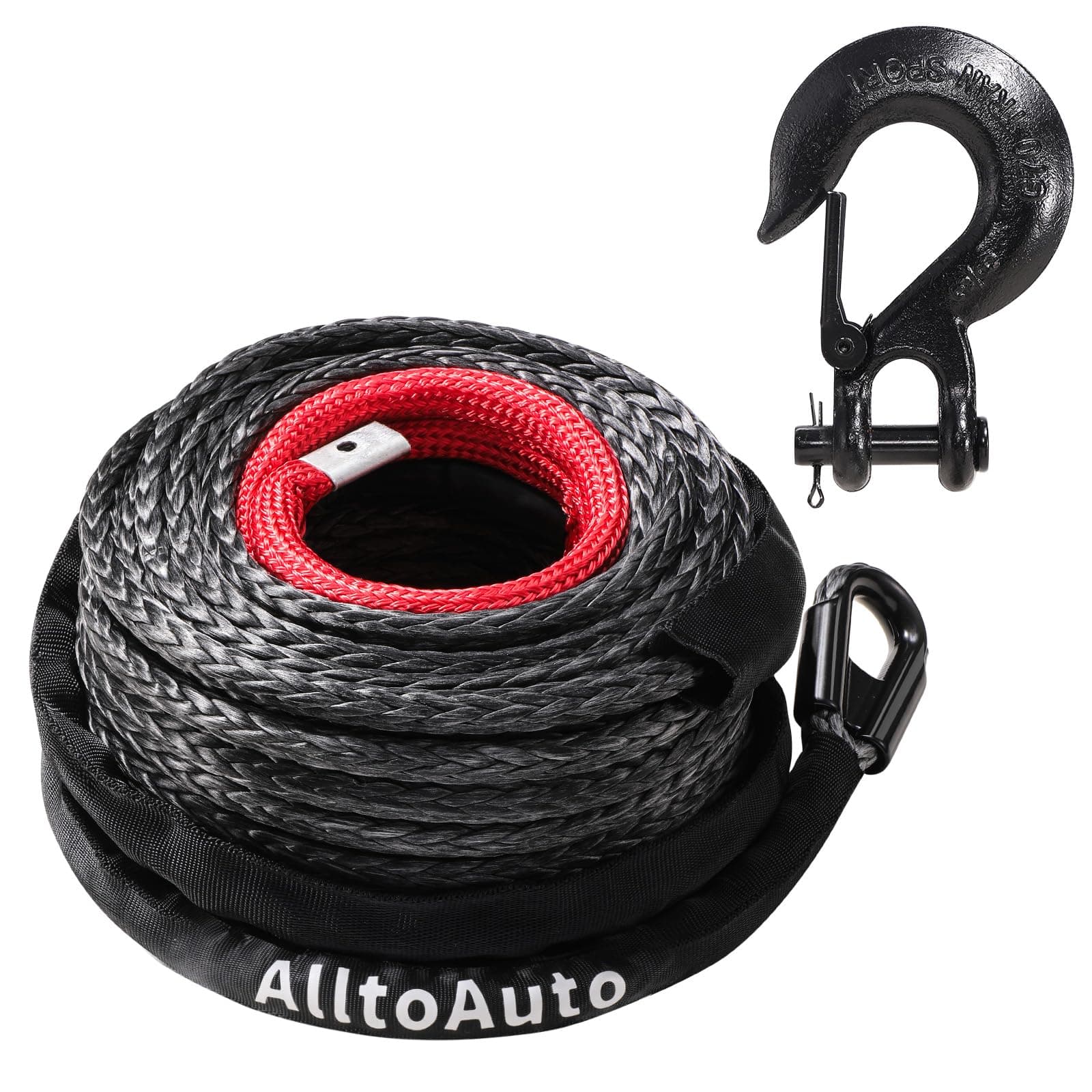 Winch Rope with Hook, 3/8" x 100'-27,500lbs Dyneema Synthetic Winch Rope Line Cable with Protective Sleeve for Truck 4WD Off-Road Vehicle Winch Accessory Black