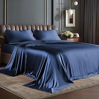 BEDELITE King Size Sheets Set, Luxury Soft Navy Satin Sheets for Hair and Skin, Similar to Silk Bed Sheets Set 4 Pieces with 1 Deep Pocket Fitted Sheet, 1 Flat Sheet, and 2 Pillowcases