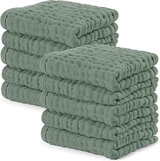 Comfy Cubs Muslin Baby Washcloths 10 Pack - Soft 6-Layer Cotton Wash Cloths for Sensitive Skin - 10"x10" Large, Gentle, Absorbent Infant Essentials for Newborn and Toddlers - Fern