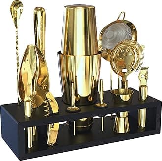 Highball & Chaser Gold Plated Bartender Kit with Espresso Bamboo Stand Boston Shaker Cocktail Shaker Set with Stainless Steel Bar Tools