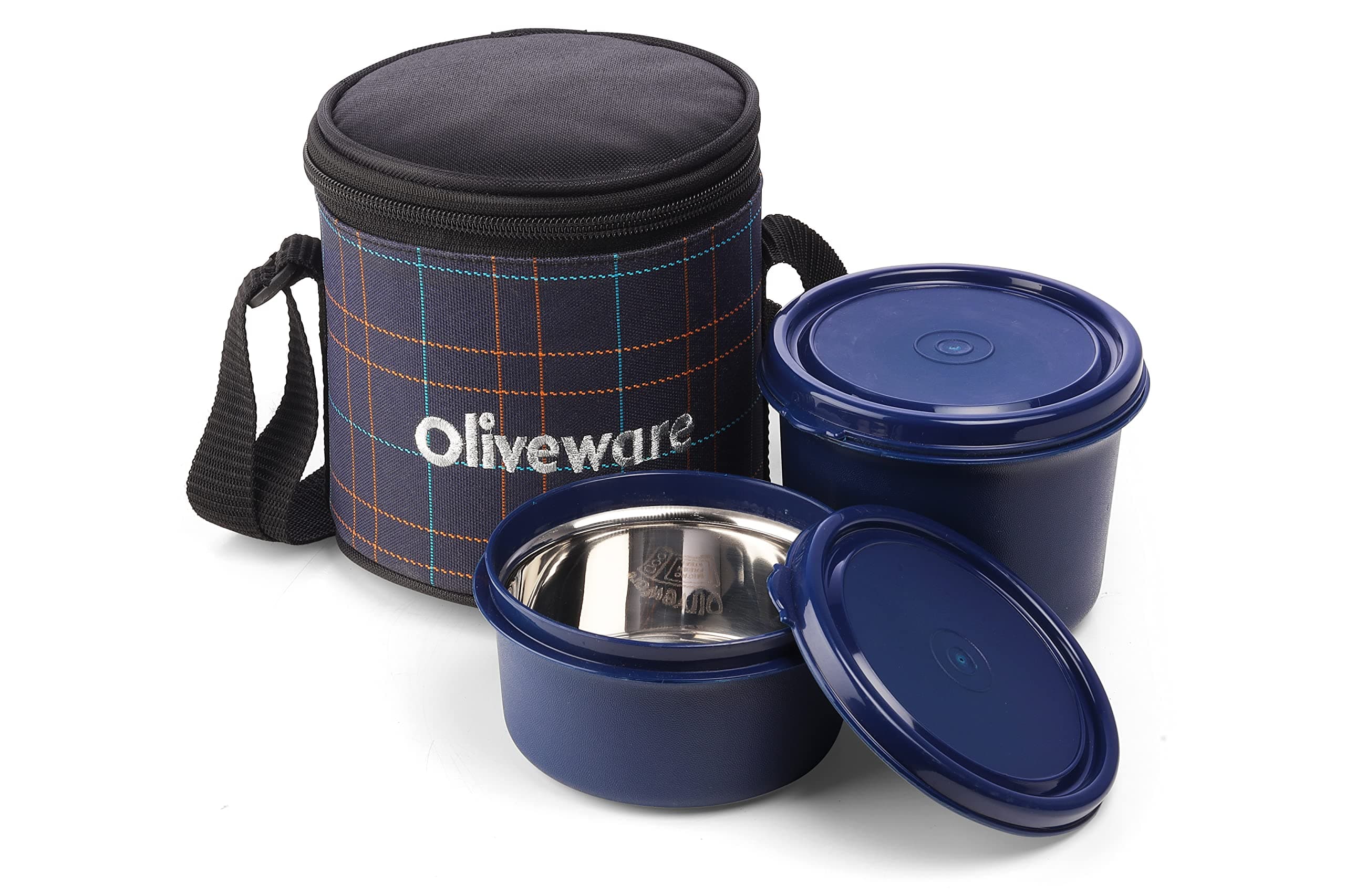 SOPL-OLIVEWARE Cleo Lunch Box, Microwave Safe & Leak Proof, 2 Inner Steel Containers with BPA Free Airtight Lids (450ml & 600ml), Fabric Bag (Blue)