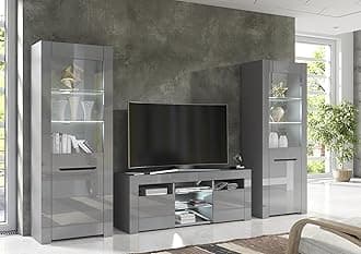 Furneo MilanoG – Grey Living Room Furniture Set, TV Stand & Display Cabinets, High Gloss & Matt Finish, White LED Lights