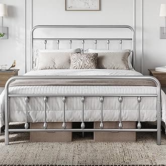 Yaheetech 4ft6 Double Bed Frame Vintage Iron Platform Bed with High Headboard and Footboard, Strong Metal-Framed Bed with Storage Silver