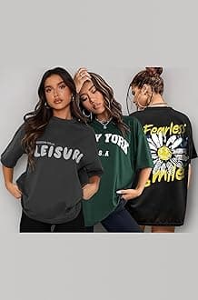 Women's Cotton Oversized Fit Printed Round Neck Oversized T-Shirt | Loose Fit Drop Shoulder T-Shirt Pack of 3