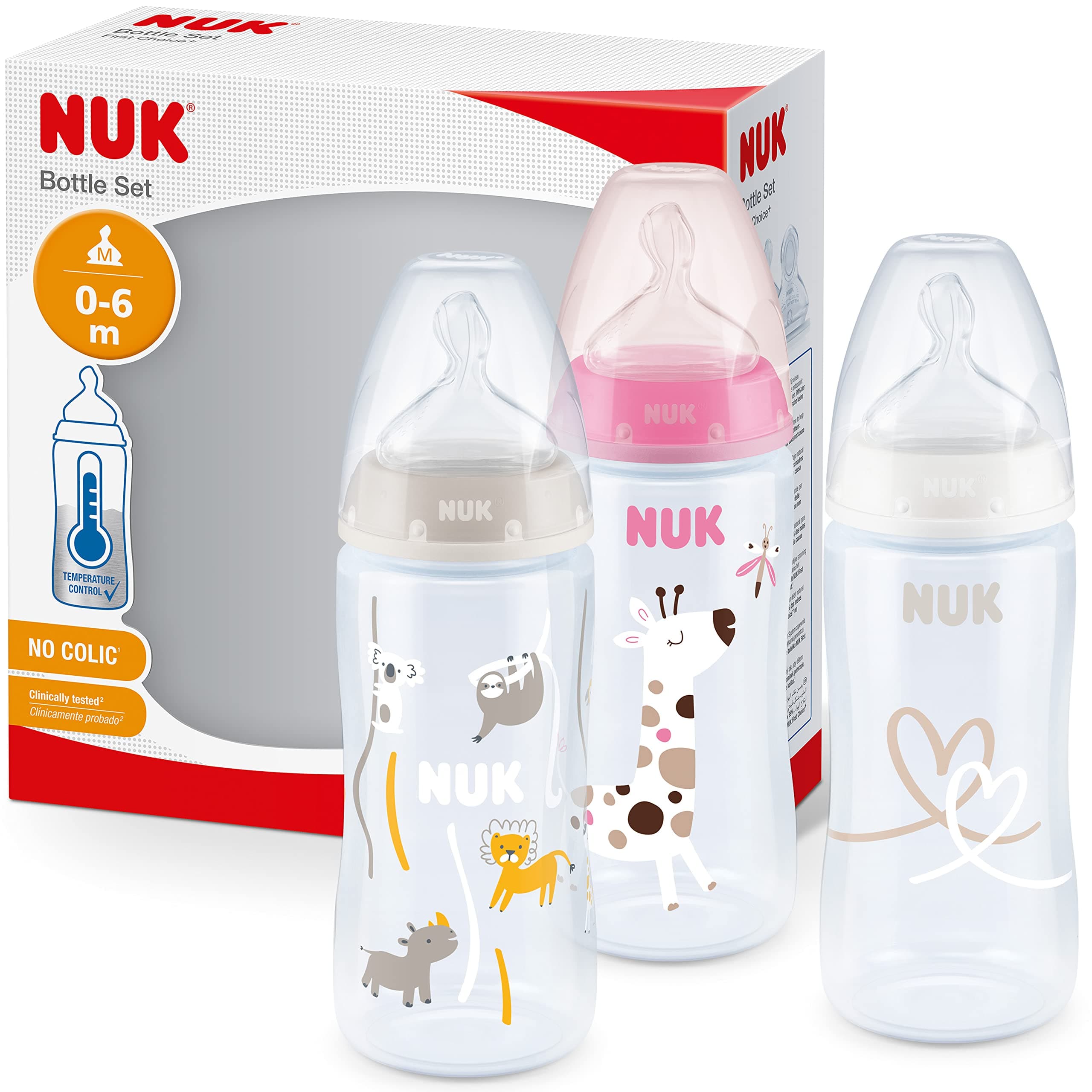 First Choice+ Baby Bottles Set | 0-6 Months | Temperature Control | Anti Colic Vent | 300 ml | BPA-Free | Silicone Teat | 3 Count | Pink Giraffe