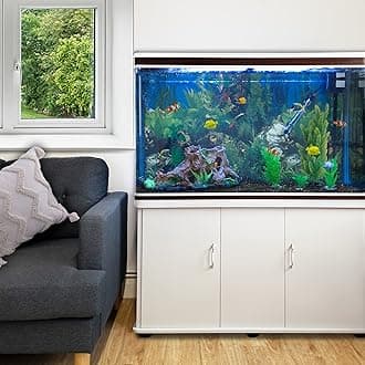 MonsterShop Large Fish Tank White 4ft 300L 65 Gal Aquarium Marine Tropical Saltwater Freshwater. White Cabinet Storage Stand. Black Gravel. Filter, Air Pump, Heater, LED Light Tank Accessories…