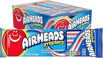 Airheads Candy, Xtremes Belts, Bluest Raspberry Flavor, Sweetly Sour, Non Melting, Movie Theater, 3oz Packs, Box of 12 Packs