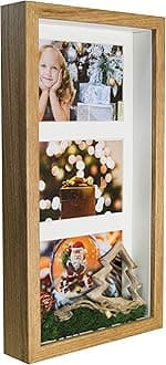 BD ART 7x14 inch Shadow Box 3D Picture Frame with Mat for 3 pictures 4x6, Rustic Oak, PlexiGlass Front Standing Photoframe, for Filling, for Objects, Photos, Souvenirs, for Crafts,Baby Item