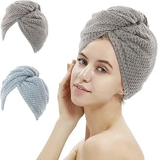 2 Pack Absorbent Microfiber Hair Towel Wrap,Anti-frizz Hair Drying Towel with Button to Dry Hair Quickly,25.6X9.8 inch (Gray&Blue)