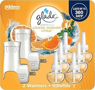 Glade PlugIns Refills Air Freshener Starter Kit, Scented and Essential Oils for Home and Bathroom, Coastal Sunshine Citrus, 4.02 Fl Oz, 2 Warmers + 6 Refills