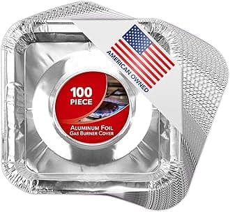Gas Burner Liners (100 Pack) Disposable Aluminum Foil Square Stove Burner Covers - 8.5 Inch Gas Range Protector Bibs Keep Stove Clean - Foil Liners to Catch Oil, Grease and Food Spills…