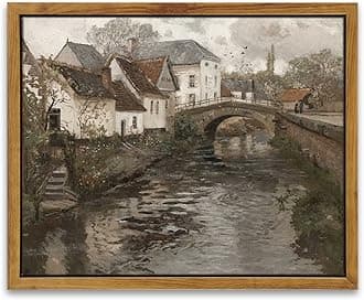 InSimSea Framed Canvas Wall Art, Vintage Scenery Office Home Bathroom Decor, Classical Oil Painting Small Town Near La Panne, 8"x10"