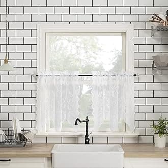 Alison Floral Lace Sheer Rod Pocket Kitchen Curtain Tier Pair, 58" x 24", White