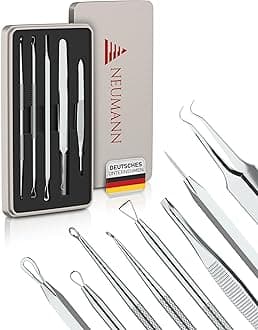 NEUMANN® Blackhead Remover Set (Stainless Steel) for Removing Pimples, Blackheads etc. - Comedone Squeezer, Lifter, Remover - Various Tools: Loops, Tweezers, Lancet [Silver]