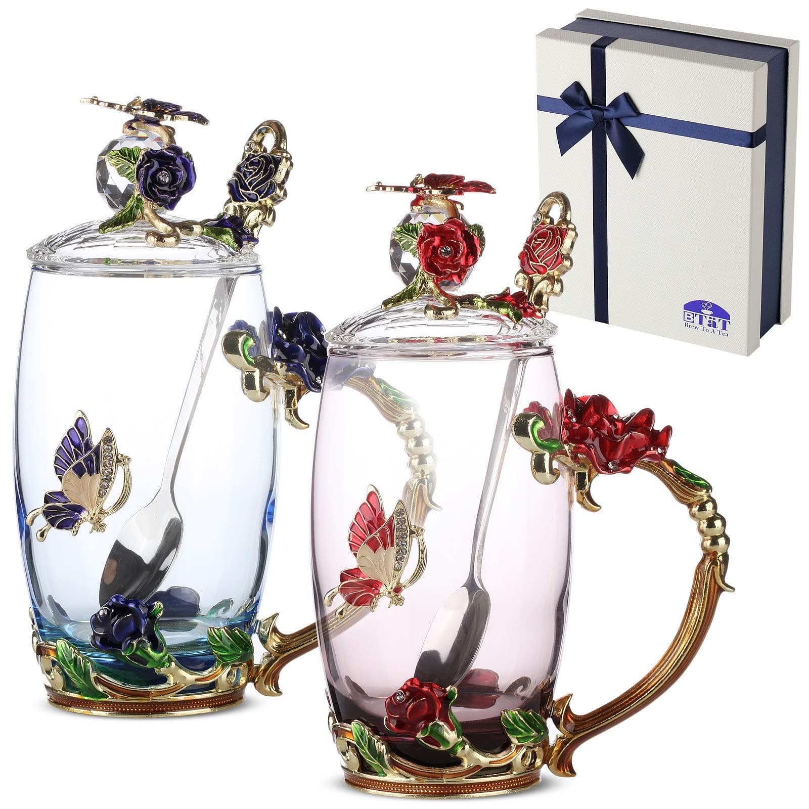 BTaT- Floral Glass Tea Cups with Lids, Pack of 2, Flower Tea Cups, Flower Glass Mug