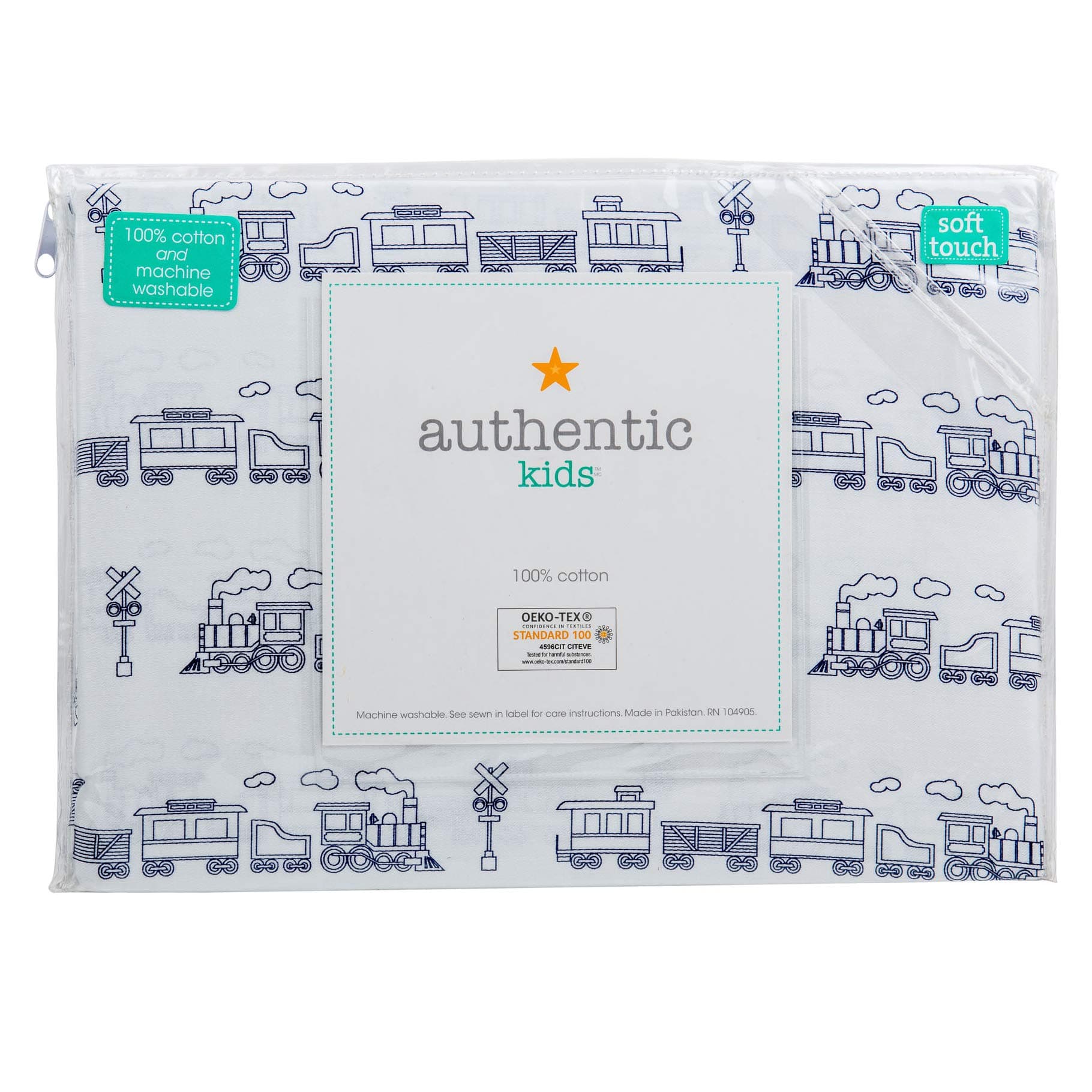 Authentic Kids 3 Piece Twin Single Bed Sheet Set Trains Cabooses Box Cars Railroads Black on White