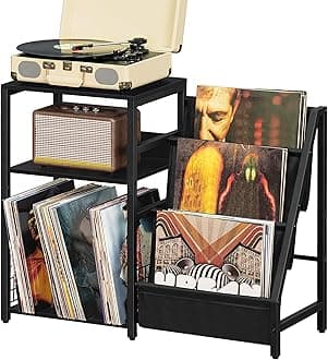 LELELINKY Black End Table,Record Player Stand with Vinyl Storage,3 Tier Side Table with Display Shelf Storage Up to 150 Albums,Industrial Large Record Holder Cabinet for Living Room