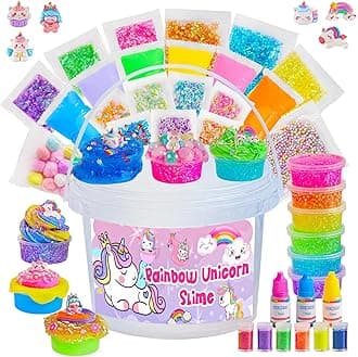 Crystal Clear Slime Kit with 36 Add-ins & 17 FL OZ Premade Base - DIY Rainbow Slime Making Kit in Bucket for Kids, Gift for Girls and Boys Ages 8-12, Party Favors for Birthday, Easter, Halloween