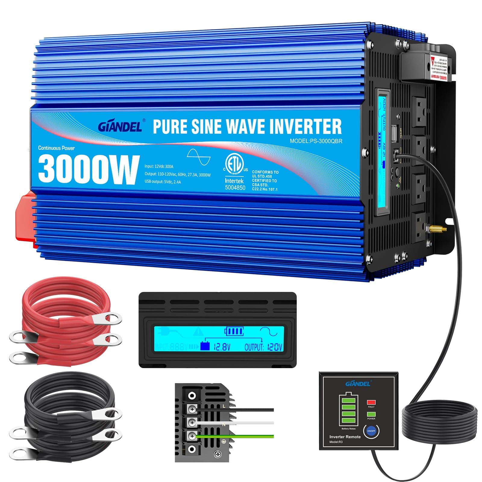 3000 Watt Pure Sine Wave Power Inverter ETL UL458 listed 12 V to 110/120 Vac 4 Outlets plus a 40 Amps Hardwire Terminal for RVs, Solar system Home Emergency with LCD Display and 30FT Remote by GIANDEL