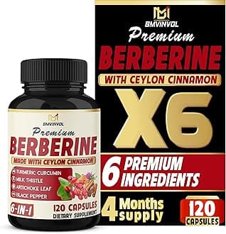 BMVINVOL 6in1 Berberine Supplement with Ceylon Cinnamon, Tumeric Root, Milk Thistle, Artichoke, Black Pepper -120 Capsules for 4 Month Supply
