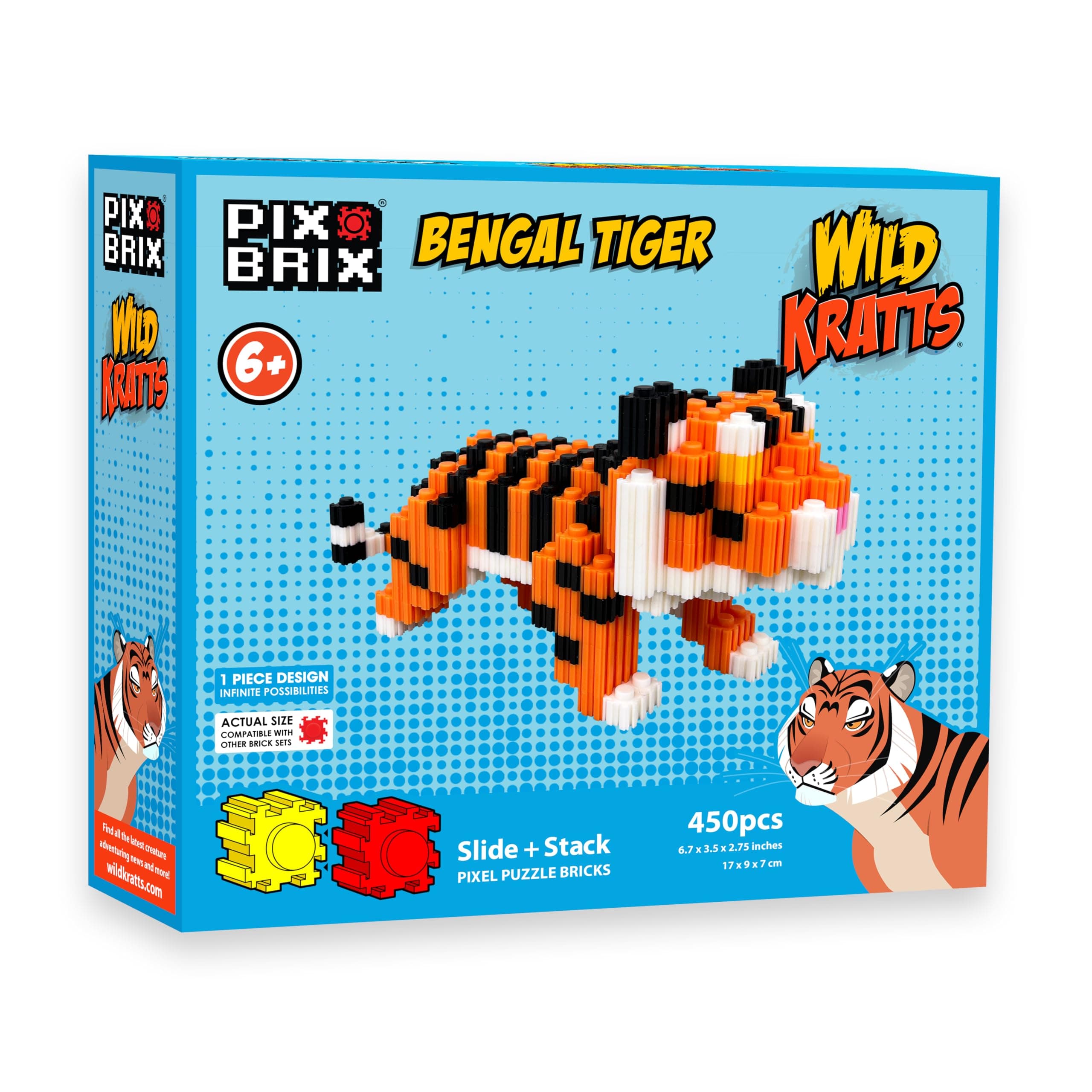 Pixel Art Kit - Bengal Tiger, 450 Pieces - Patented Slide + Stack Pixel Puzzle Building Bricks, Build & Collect Animals - Stem Toys, Ages 6 Plus