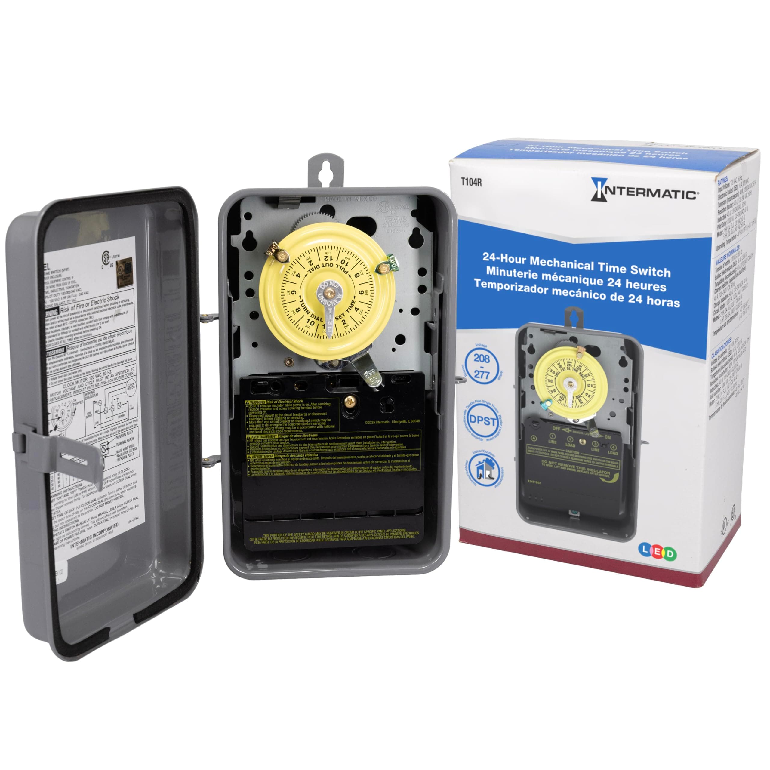 Intermatic T104R 24 Hour Mechanical Timer Switch - 208–277 VAC, DPST, Type 3R Indoor/Outdoor Metal Enclosure, Heavy-Duty, Manual Override, 40 Amp – Ideal for Lights, Pumps, Fans, and HVAC Systems
