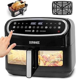 Duronic XXL Digital Air Fryer AF14 BK 10L Family Size Air Fryers Double Drawer 10in1 Dual Zone Extra Large AirFryer with window for Family Cooking with Dishwasher Safe Non-Stick Basket Black