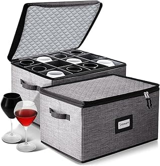 STORAGEBUD Elegant Quilted Hard Shell Grey Wine Glass Storage Box with Dividers, 2 Pack Stackable Stemware Storage Cases, Service of 12 Glassware Storage Containers, 12.5” x 16” x 10”