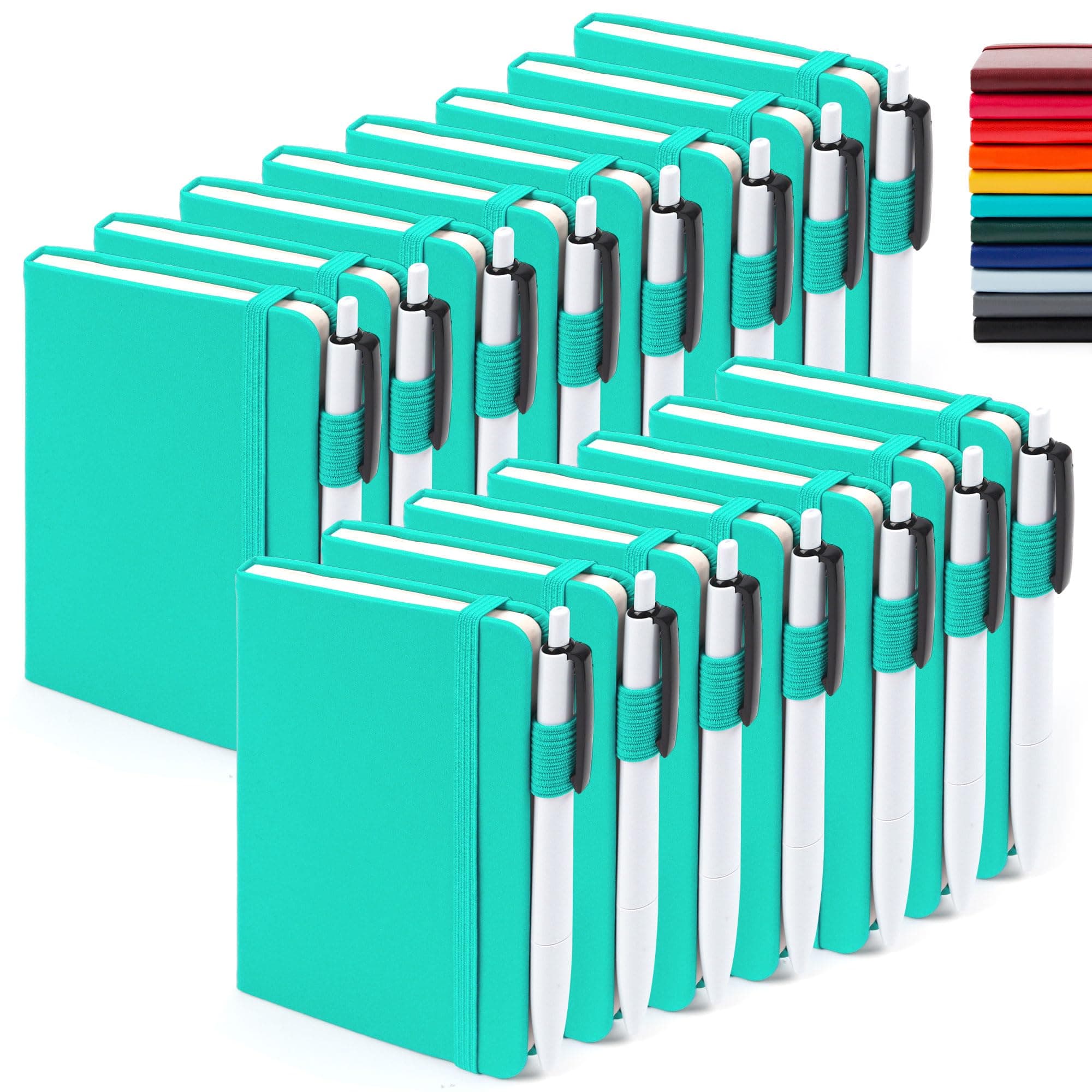feela 15 Pack Pocket Small Notebooks Bulk, Mini Cute Memo Notepads Hardcover College Ruled Lined Journals with Pen Holder for Women Girls Office School, with 15 Black Pens, 3.5”x 5.5”, A6, Aqua
