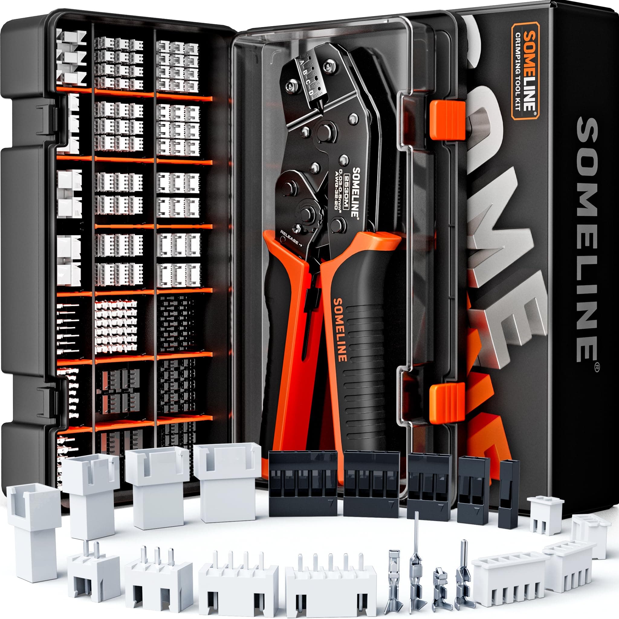 SOMELINE Crimp Tool Connector Kit, JST-XH 2.5mm/DP 2.54mm Connector Set, 21 Types of Connectors, 0.05-0.5mm²(30-20AWG) Ratcheting Crimper, JST Series, KF2510,Molex,AMP EI Series