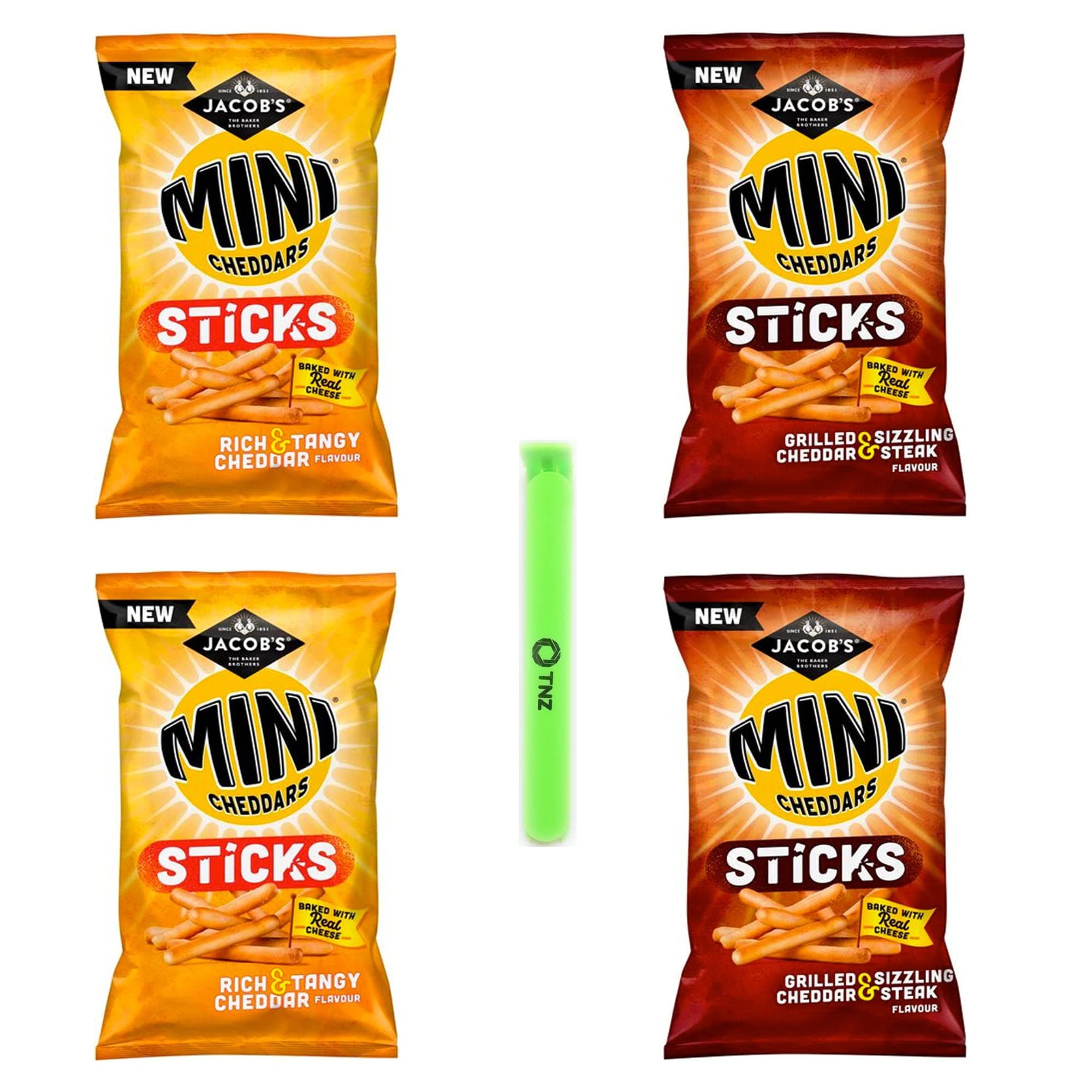 Jacobs Mini Cheddars Cheddar and Steak Sticks 150g x 2 Jacobs Mini Cheddars Sticks Rich Tangy Cheddar 150g x 2 Includes 1 Sealing Bag Clip