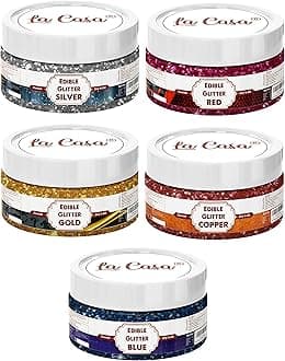 La Casa Premium Edible Glitter - SILVER,GOLDEN,RED,BLUE,COPPER | Pack of 5 | Metallic Glitter Ideal for Cake Icing Decoration & Garnishing | 5x9gm |