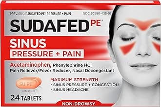 Sudafed PE Sinus Pressure + Pain Relief Tablets, Maximum Strength, Non-Drowsy, Acetaminophen, Pain Reliever, Fever Reducer, Phenylephrine HCl, Decongestant, Sinus Congestion Relief; 24 ct; Pack of 1