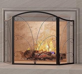 Kingson 3-Panel Arched Fireplace Screen Decorative, Handcrafted Scroll Wrought Iron Fireplace Spark Guard Cover - Black