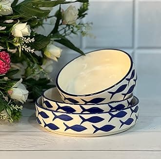 Premium Ceramic Salad Bowl - Deep Ceramic Plates- Serving Snacks Plate/Platter - Set of 3- Different Sizes (5.5 inch, 6.5 inch, 7.5 inch), Blue Fish Pattern | Wedding Gift for friends