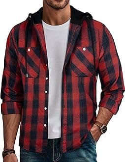 PJ PAUL JONES Mens Hooded Flannel Shirt Long Sleeve Plaid Shirts Hoodie Jackets
