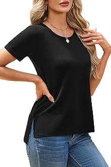 Summer Women Casual Short Sleeve Tops T-Shirts Tees with Side Split