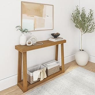 Solid Wood Console Table with Storage, 46 Inch, Sofa Table with Shelf, Narrow Entryway Table for Hallway, Behind The Couch, Living Room, Foyer, Easy Assembly, Pecan