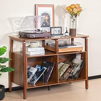 Large Record Player Stand,Mid Century Turntable Stand Table with Open Storage Holds up to 300 Albums,Vinyl Record Storage Display Shelf for Living Room Bedroom (Walnut)