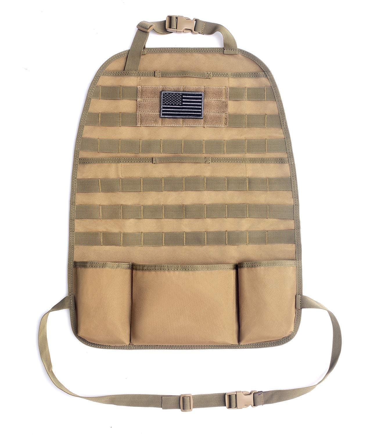 Tacticool Car Seat Back Organizer - Upgraded Tactical Molle Vehicle Panel Universal Fit Car Seat Cover Protector with Extra USA Flag Patch (Coyote Brown)
