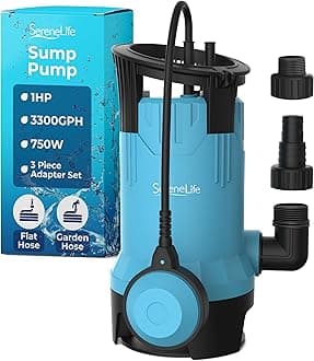 SereneLife 1HP Sump Pump Submersible, 3300GPH Water Pump for Pool Draining with Auto Float Switch, 3pc Adapter Set for USA Garden and Flat Hose, 16ft Cord, Clean Dirty Water, Yard, Pool, Tub, Pond