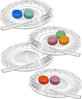Dublin Dessert Plates and Forks, Appetizer & Salad Plates with Utensils - Set of Four - Clear Crystal, 7in