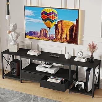 GYIIYUO TV Stand with Fabric Drawers - Entertainment Center and Industrial TV Console Table with Open Storage Shelves for Living Room, Bedroom - 55.1" Black