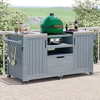 66.5" Outdoor Kitchen Island for Big Green Egg Grills, Solid Wood Outdoor Grill Cart for Tabletop Grill with Stainless Steel Top, Drawer, Grey Blue