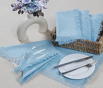 Bedding Craft Cotton Cloth Dinner Napkins Set of 12 – 18x18 Airy Blue with Fringed Corners – Machine Washable Fabric Napkins for Weddings, Baby Showers, Parties & Table Décor