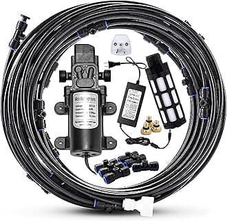 Mornajina Outdoor Misting Cooling System with Pump Kit, 65.6FT(20M) Misting Line with Filter, 26 Brass Mist Nozzles, 1 Brass Adapter (3/4"), 12V DC 60W 5L/Min, Self Priming Sprayer Water Pump