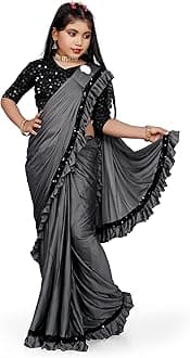 Aditya Impex Girl's Stylish Solid Pattern Lycra Saree with Unistiched Blouse Piece colour-Grey,SIZE-(3-5Y)