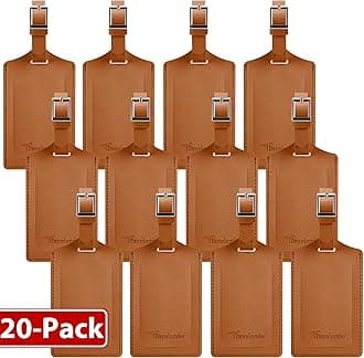 Travelambo 20 Pack Luggage Tags for Suitcases Privacy Protection Bag Tags Faux Leather Travel Accessories Essential, Yellowish Brown